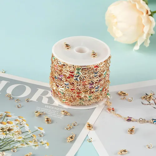 Miniatura 4 de Cadena chapada en oro de 16.4 pies para hacer joyas, cadena de eslabones de mariposa de diamantes de imitación coloridos a granel con anillos