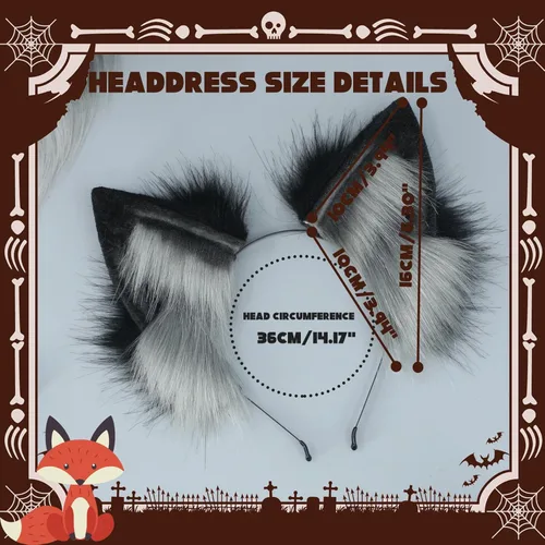 Miniatura 4 de Kidukso Fox Ears Headwear Simulación Animal Fur Fox Ears Tocado Vestir Cosplay Fiesta Anime Comic Con Prop Headwear Negro y gris