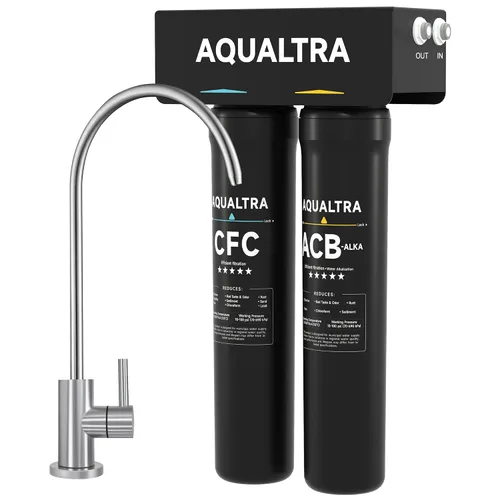 Miniatura 10 de AQUALTRA USF-2F-10 Sistema de filtro ligeramente alcalino para debajo del fregadero, 20 K galones con grifo, reduce PFOA, PFOS, cloro, plomo