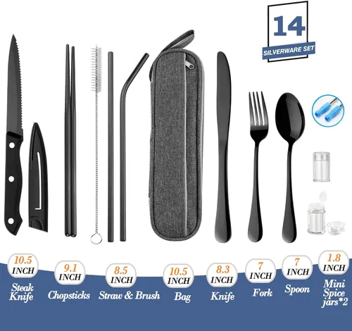Miniatura 2 de Utensilios de Viaje Reutilizables Portátiles Cubiertos con Estuche, Juego de Cubiertos de Viaje para Camping, Palillos y Pajita, Cubiertos