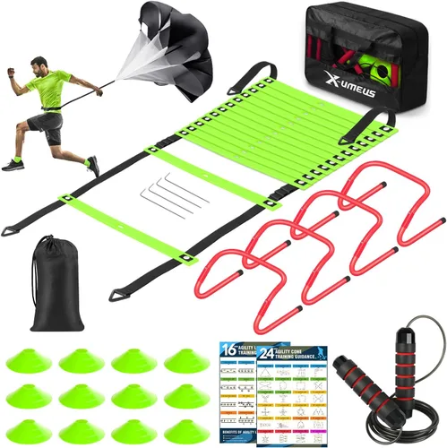 X-UMEUS Agility Ladder Speed Training Equipment Set-20ft Agility Ladder,12 Soccer Cones,4 Hurdles, Jump Rope, Running Parachute| Basketball Football