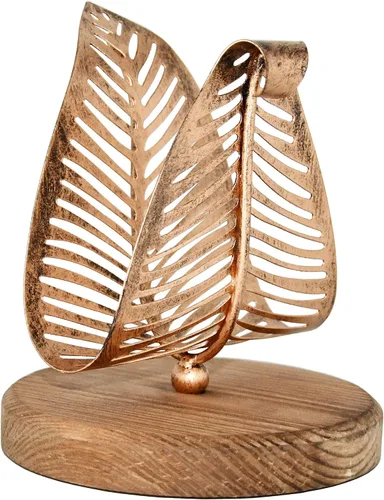 Miniatura 9 de OwlGift Servilletero moderno independiente con hoja de metal de bronce y diseño de base de madera marrón, dispensador de pañuelos de mesa