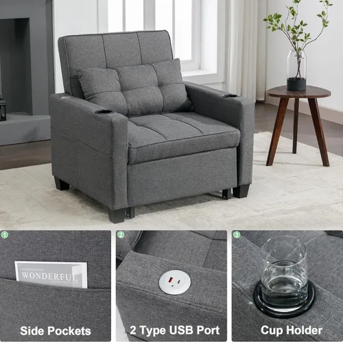 Miniatura 3 de Silla cama cama convertible ajustable con almohada, silla extraíble con puertos USB, antiarañazos, para sala de estar, dormitorio, apartamento, Lino