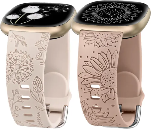Minyee Paquete de 2 correas grabadas florales compatibles con Fitbit Versa 4/Versa 3/Sense 2/Sense Band para mujer, lindo diseño de girasol de
