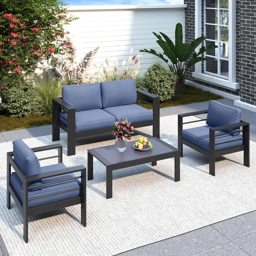 Miniatura 43 de Solaste Juego de muebles de patio de aluminio para todo tipo de clima, moderno juego de muebles de metal para exteriores con asientos profundos