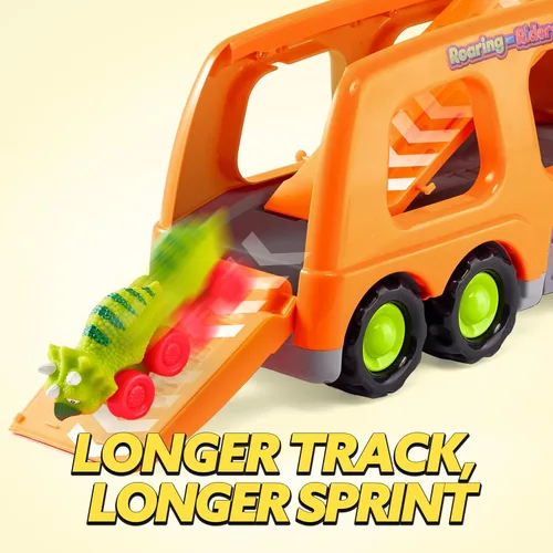 Miniatura 3 de JOYIN Juguetes de dinosaurio para niños de 2 a 4 años, juguetes para niños pequeños, camión transportador de dinosaurios con 6 vehículos de carro