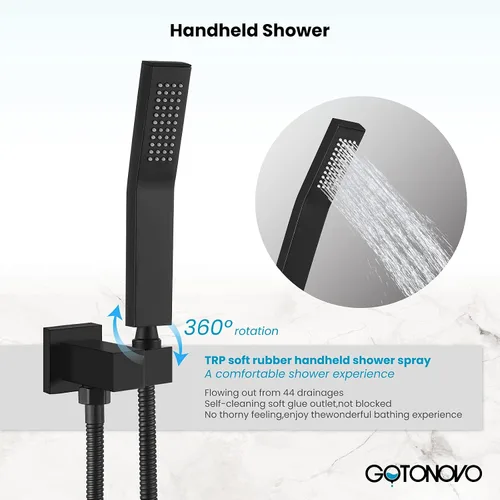 Miniatura 3 de gotonovo Grifo de ducha negro mate, montaje en pared, sistema de ducha de baño de triple función con boquilla de bañera, cuadrado de alta presión