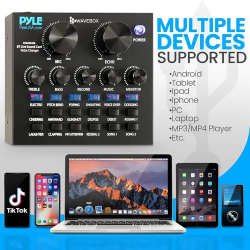 Miniatura 5 de Pyle PKSCRD208 - Mini interfaz de audio Bluetooth, mezclador de podcasts, transmisión en vivo para PC y iPhone, cambiador de voz V8 con 12 efectos