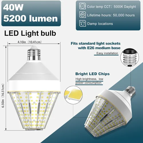 Miniatura 2 de GT-Lite Bombilla LED de mazorca de maíz de 5200 lúmenes, 40 vatios, equivalente a 300 vatios, color de luz diurna de 5000 K, base E26, bombilla