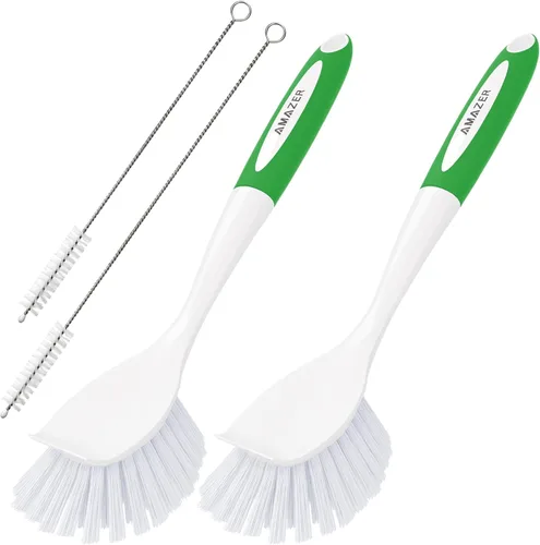 Miniatura 13 de Amazer Cepillo para platos con asa, paquete de 2 cepillos de cocina para limpieza, limpiador de platos con cerdas rígidas para fregadero, ollas