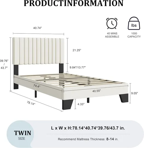 Miniatura 2 de Marco de Cama Tamaño Twin con Cabecera Capitonada Ajustable – Cama de Plataforma Tapizada en Terciopelo, Marco Resistente y Listones, No Necesita