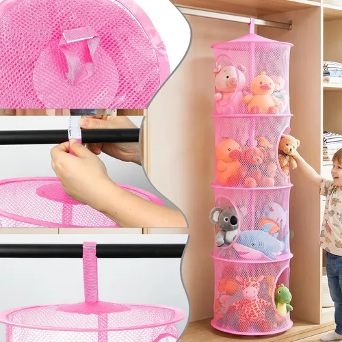 Miniatura 4 de 2 unidades de almacenamiento de animales de peluche plegables o organizador de hamaca, 4 compartimentos para colgar juguetes de malla para niños