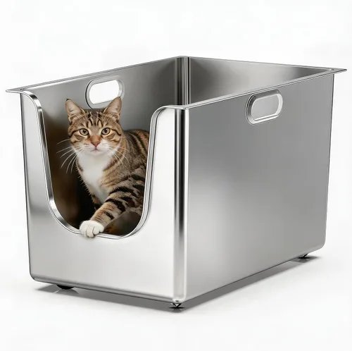 Miniatura 10 de Caja de arena de acero inoxidable con lados altos de 11.8 pulgadas, caja de arena de metal XL para gatos con entrada baja curva, bandeja de arena
