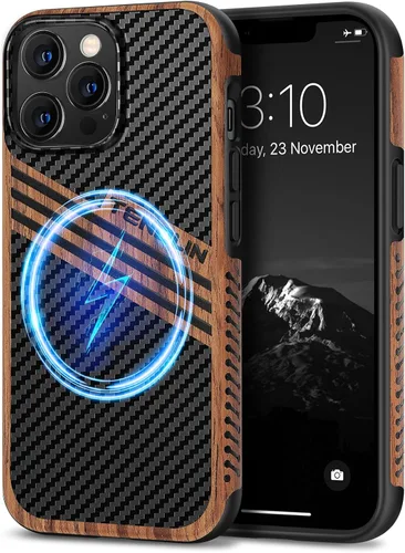 Miniatura 8 de TENDLIN Compatible con iPhone 13 Pro Max, funda de grano de madera con textura de fibra de carbono, funda híbrida de cuero compatible con iPhone 13