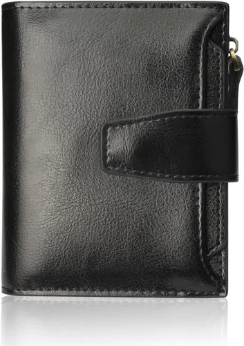 FT FUNTOR Cartera pequeña para mujer, de piel auténtica, plegable, compacta, con bloqueo RFID, bolsillo con cremallera, ranuras para tarjetas de