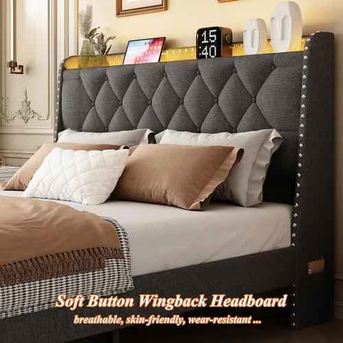 Miniatura 5 de Base de cama tamaño queen con cabecera de almacenamiento y 2 cajones, base de cama tapizada de lino con luces LED y estación de carga, no necesita