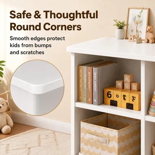 Miniatura 7 de knoworld Organizador de almacenamiento de juguetes, estantería para niños con 5 cubos + 3 cajones enrollables con ruedas de 360°, caja de juguetes