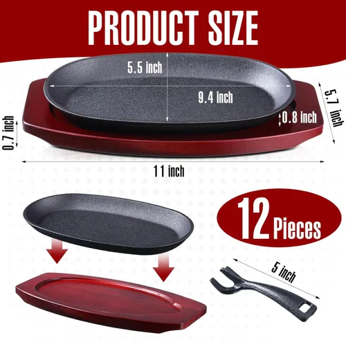 Miniatura 2 de Mifoci Juego de 12 sartenes ovaladas de hierro fundido para fajita, plato pequeño para carne chisporroteante con base de madera y mango, sartén
