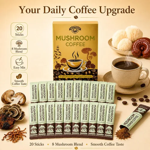 Miniatura 9 de Café orgánico de hongos, 20 barras de café instantáneo de hongos con mezcla de 8 hongos, aminoácidos y electrolitos, bebida de hongos de café