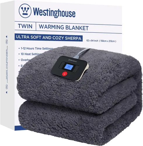 Westinghouse Manta eléctrica tamaño individual, manta térmica Sherpa de felpa suave con 10 niveles de calefacción y 1-12 horas de apagado Gris oscuro