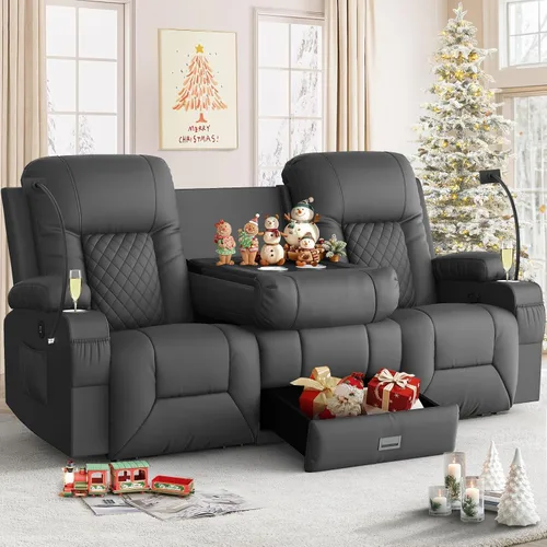 Miniatura 33 de FURNIMAT Sofá reclinable biplaza, sofá reclinable doble de 3 plazas con consola abatible, moderno sofá biplaza de cuero PU para sala de estar/casa