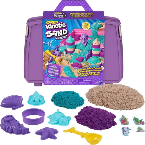 Kinetic Sand, Juego de palacio de sirena con caja de arena plegable de 0,93 kg de arena de juego (morado neón, verde azulado brillante y playa),