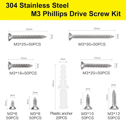 Miniatura 5 de Kit de tornillo y anclaje de madera #4 (420 piezas) – Tornillos autorroscantes Phillips de cabeza plana de acero inoxidable 304 para muebles
