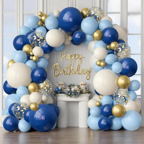 Miniatura 12 de Kit de guirnalda de globos azul polvoriento, azul niebla, azul real, azul pastel, arena, blanco, dorado metálico, globos de látex para despedida