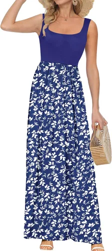 Miniatura 11 de AUSELILY Vestido largo con cuello cuadrado para mujer, sin mangas, floral, holgado, con bolsillos