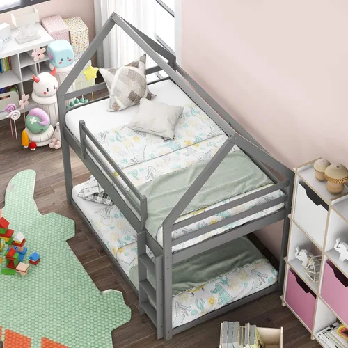 Miniatura 8 de Cama baja de tamaño individual con escalera convertible, se puede colocar a la izquierda o derecha, marco de cama de madera para dormitorio