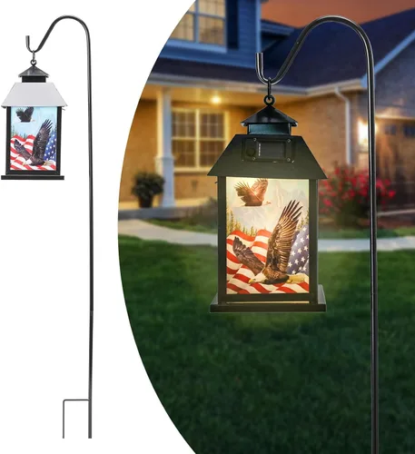 Afirst Farol solar para exteriores, luces colgantes decorativas con bandera estadounidense, iluminación al aire libre, luces impermeables para