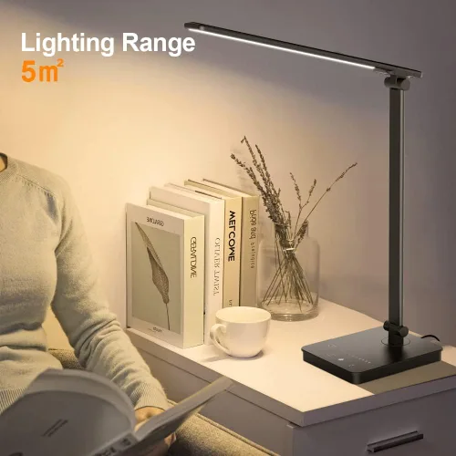 Miniatura 7 de Lámpara de escritorio LED para cuidado de los ojos, lámpara de mesa regulable con 2 puertos de carga USB y 10 niveles de brillo x 5 modos