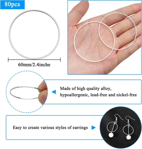 Miniatura 3 de 80 aros para la fabricación de joyas, aretes de 2.32 pulgadas (2.362 in), hipoalergénicos, redondos, redondos, con cuentas, marco colgante de bisel