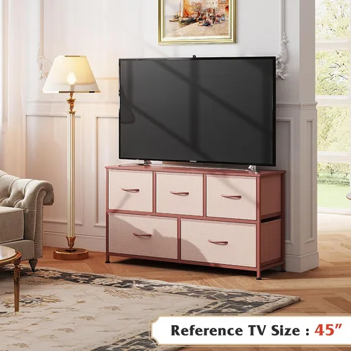 Miniatura 2 de WLIVE Cómoda para Dormitorio con 5 Cajones, Cómoda de Tela de Ancho Amplio, Unidad de Organización de Almacenamiento con Cajones de Tela para Rosa