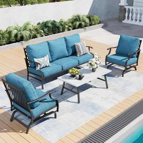 Miniatura 12 de SUNSHINE VALLEY Juego de muebles de patio, 4 piezas de muebles modernos de metal para exteriores, sofá de 3 plazas, 2 sillas mecedoras, mesa