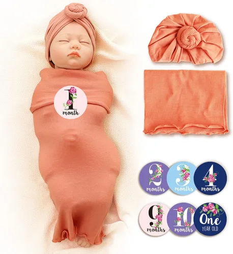 Trilly Juego de manta para bebé con turbante, rosa coral, 12 calcomanías de hitos para niñas, mantas para recién nacidos