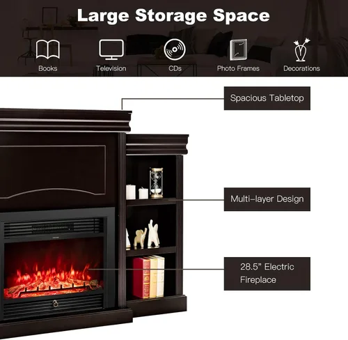 Miniatura 5 de Tangkula Chimenea de mantel de 70 pulgadas, chimenea eléctrica de 750 W/1500 W con repisa y estanterías integradas, chimenea de 28.5 pulgadas