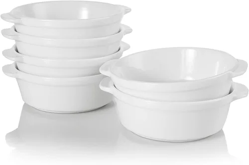 Miniatura 9 de Foraineam Paquete de 8 platos de soufflé de porcelana de 10 onzas con doble asa, juego de utensilios para hornear para pudín, crema brulee, soufflé