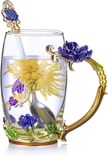 Taza de té de flor, taza de té, taza de café de vidrio azul (Blue Tall)