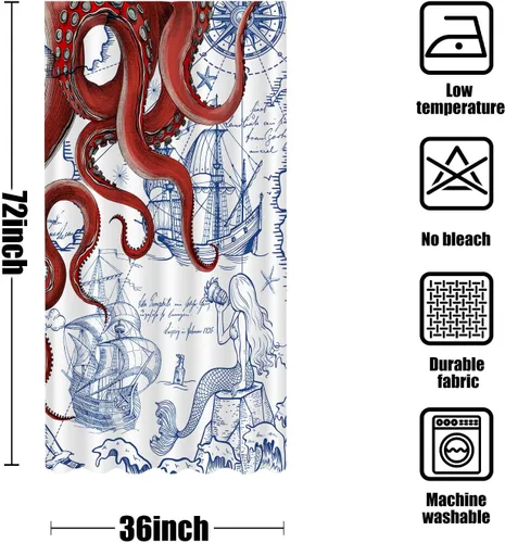 Miniatura 7 de Fungarth Cortina de Ducha Puesto Náutica de Pulpo Rojo Azul Marino Sirena Divertida Océano Kraken Cortinas de Ducha para Baño Ancla Genial Mapa