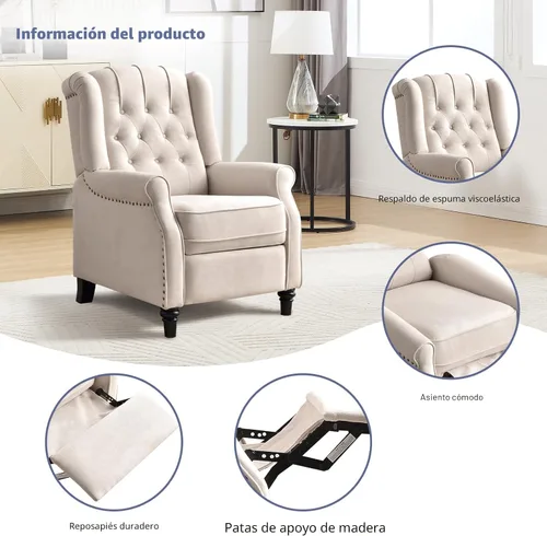 Miniatura 3 de EBELLO Silla reclinable con respaldo de empuje, silla decorativa de tela, reclinable con decoración de remaches, respaldo con botones, sillón
