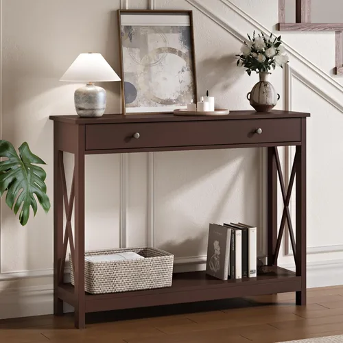 Mesa de consola Treocho Espresso con cajón y estantes de almacenamiento, mesa de sofá estrecha para entrada, sala de estar, pasillo
