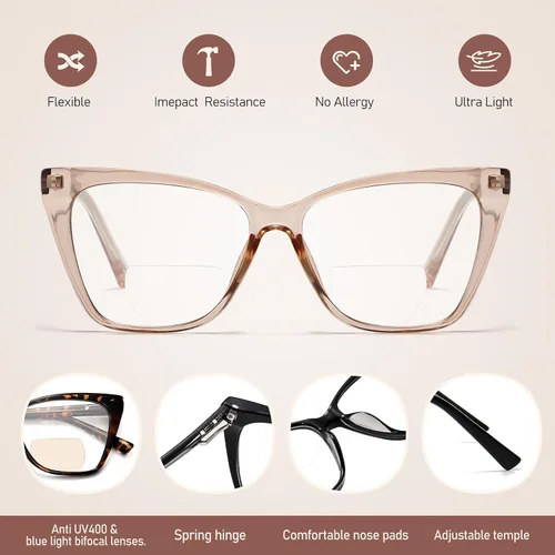 Miniatura 6 de Gafas de lectura bifocales para mujer, ojo de gato, de gran tamaño, bloqueo de luz azul, para lectores de computadora, gafas de diseñador Bifocal