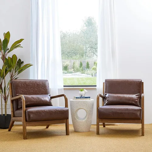 Miniatura 11 de Glitzhome Sillón Accent de mediados de siglo en verde cazador, sillón de lectura individual de cuero PU con marco de nogal y ruberwood Pu verde.