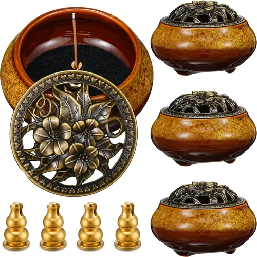 Miniatura 7 de Maxcheck Quemador de incienso de cerámica con tapa de cobre, soporte de incienso de metal, quemador de cono de loto para sándalo, palo, santo, Azul