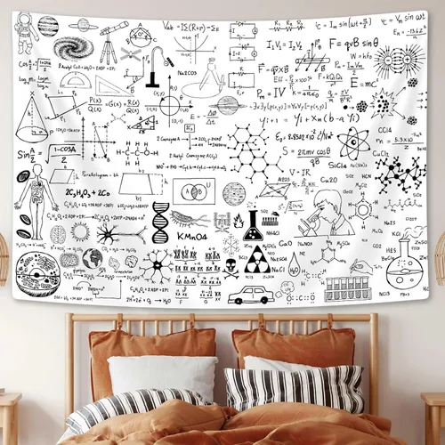 Miniatura 3 de SAOLUIS Tapiz de matemáticas, arte de pared educativo, tapiz blanco y negro para colgar en la pared para dormitorio, sala de estar, decoración