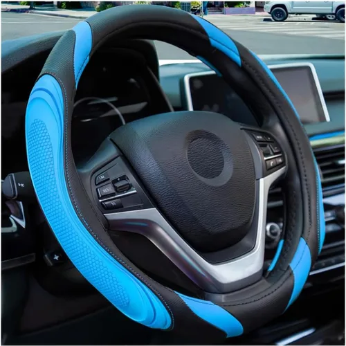 Miniatura 12 de Osilly Funda de cuero para volante de automóvil de 15 pulgadas, accesorios automotrices elástica, transpirable, antideslizante, protector de volante