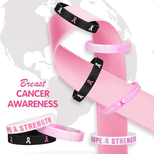 Miniatura 4 de Minatee 100 pulseras de concientización sobre el cáncer de mama, pulseras de silicona con cinta rosa con esperanza, fe, fuerza, coraje, apoyo