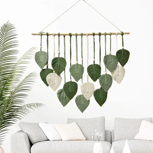 Miniatura 5 de MSFENG Tapiz para colgar en la pared, diseño de hojas, bohemio, decoración de pared tejida con plumas tejidas a mano, borlas de hilo tejido, Verde