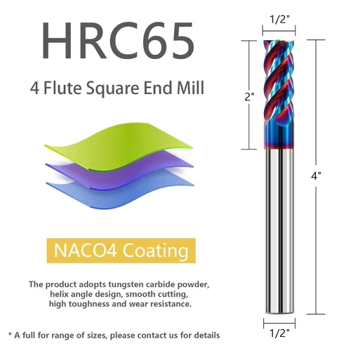 Miniatura 2 de Juego de fresas de extremo cuadrado de carburo sólido de 1/2 "65HRC extralarga de 4 pulgadas, cortador de fresado CNC de 4 flautas para acero